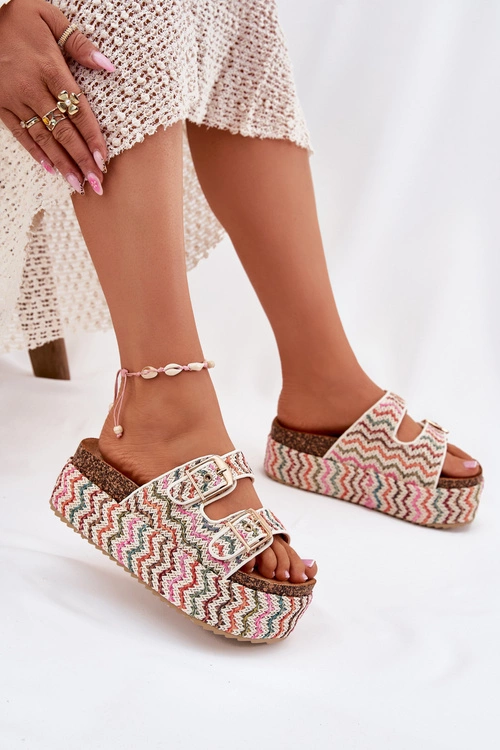 Klapki Damskie Na Masywnej Platformie Z Plecionką I Klamrami Multikolor Eradriana
