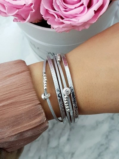 Damska Bransoleta Rzemień Srebrna Koraliki Michiko