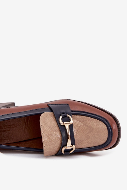 Półbuty Damskie Na Słupku Z Tłoczeniem I Złotym Detalem Beżowo-Brązowe Novella