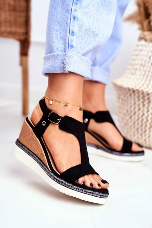 Sandały Damskie Na Koturnie Czarne Rosa