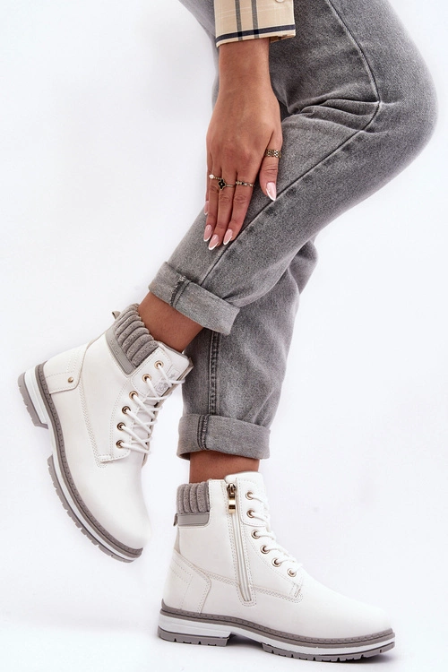 Damskie Skórzane Trapery Ocieplane Białe Katalis