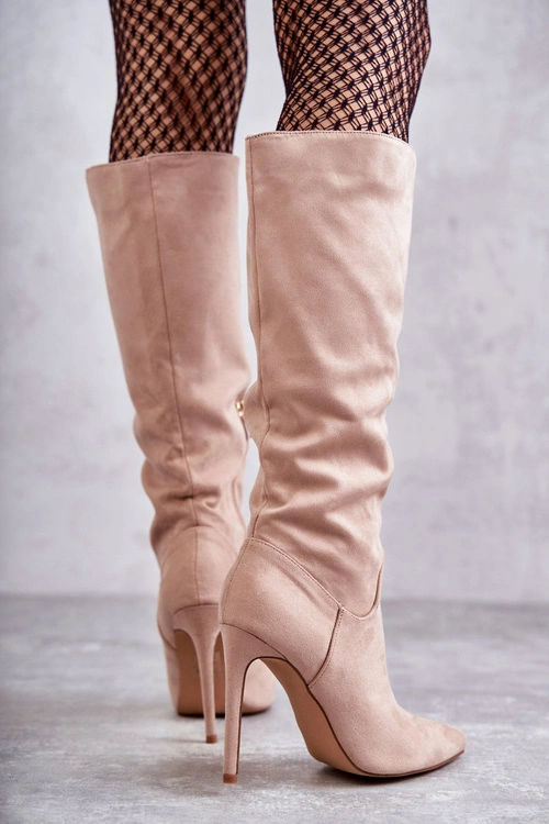 Klasyczne Zamszowe Kozaki Na Szpilce Beżowe Ameya
