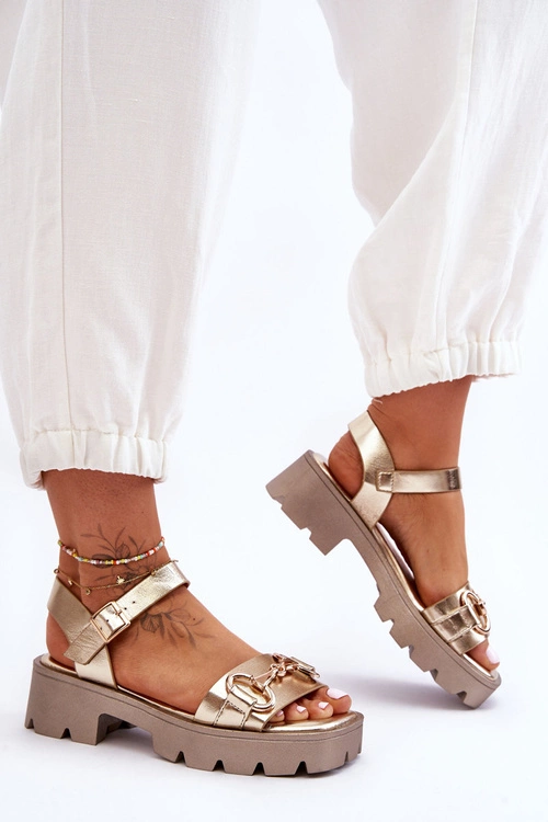 Damskie Skórzane Sandały Z Ozdobą Złote Emori