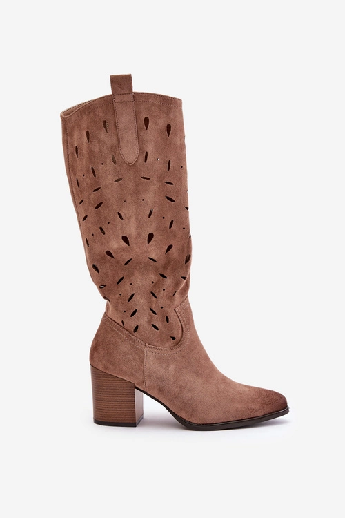 Eko Zamszowe Kozaki Na Słupku Z Ażurowym Wzorem Vinceza 58344 Ciemnobeżowe