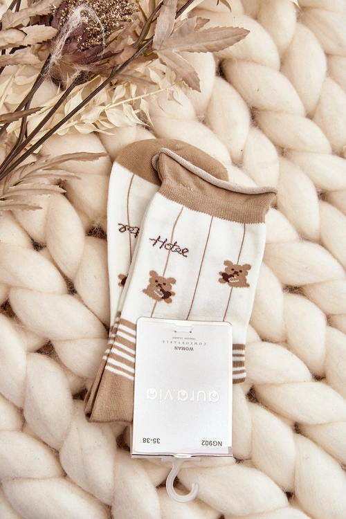 Skarpety Damskie We Wzory Beżowo-Białe