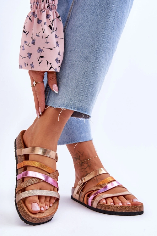 Damskie Klapki Na Platformie Z Paskami Złote Clover