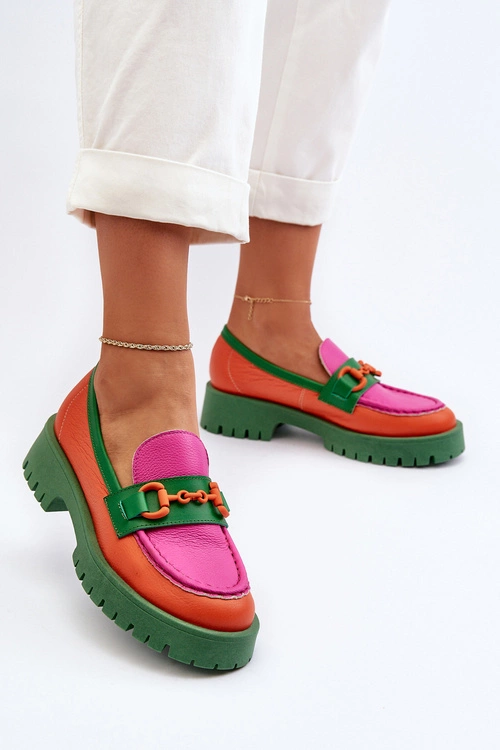 Mokasyny Skórzane Damskie Z Ozdobą CheBello 4444 Pomarańczowe