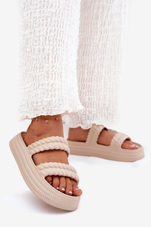 Piankowe Lekkie Klapki Damskie Na Platformie S.Barski ZK51-001 Beżowe