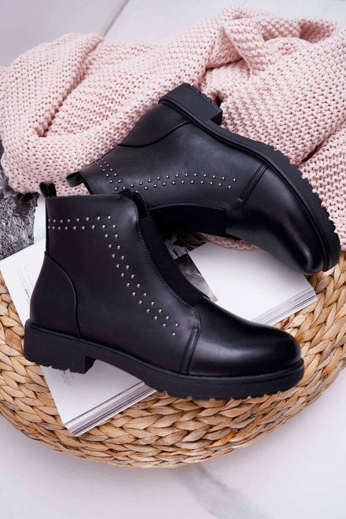 Botki Damskie Płaski Obcas Nity Czarne Sergio Leone BT519