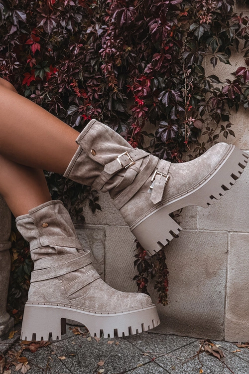 Botki Damskie Na Masywnym Obcasie Z Klamrami I Paskiem Beżowe Nerelisa