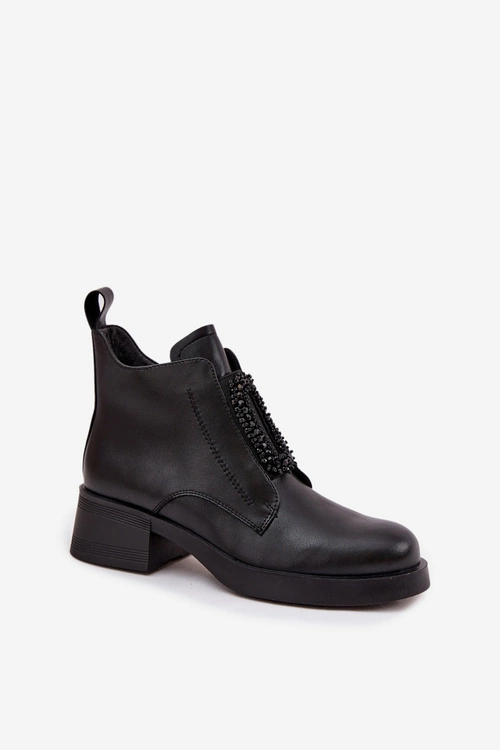 Skórzane Botki Damskie Na Klocku Z Ozdobą D&A JC52-869 Czarne