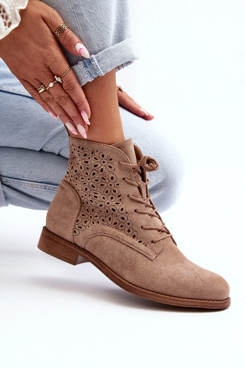 S.Barski HY66-136 Damskie Botki Ze Wzorem Beżowe