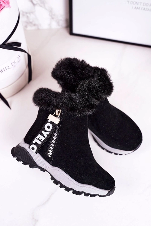 Dziecięce Ocieplane Botki Śniegowce Z Futerkiem Czarne Love-Love