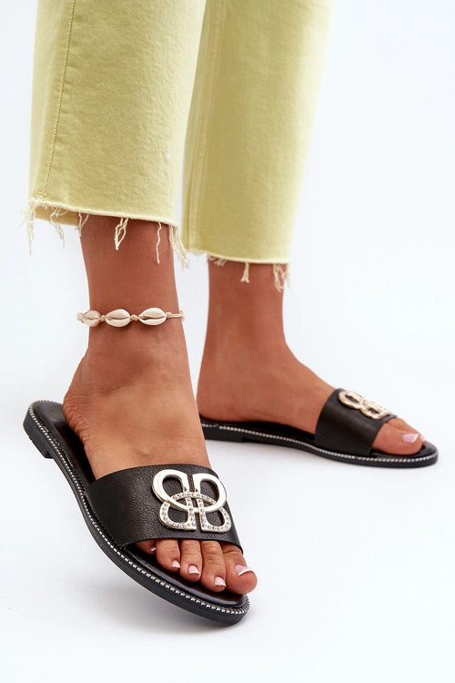 Klapki Damskie Z Ozdobą Eko Skórzane Na Płaskim Obcasie Czarne Sadria