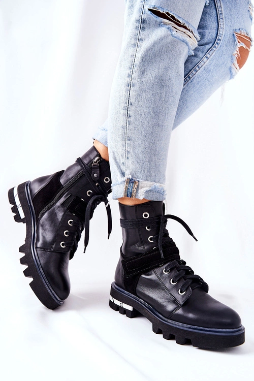 Skórzane Botki Workery Maciejka Czarne 05219-01