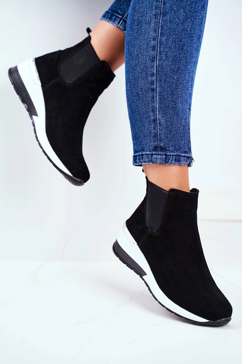 Sportowe Damskie Buty Sneakersy Skórzane Czarne 21-7781