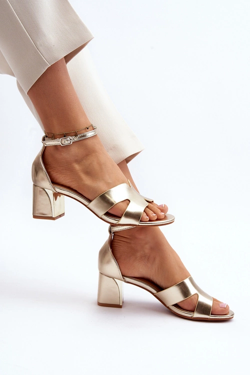 Sandały Damskie Na Obcasie Klocku Złote Irivana