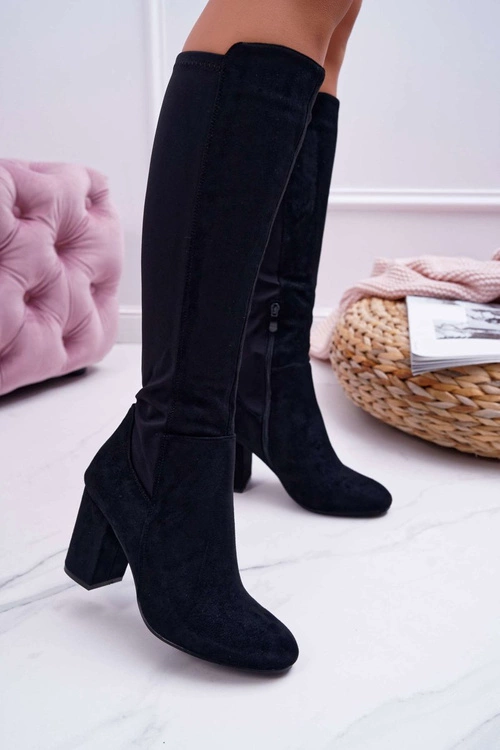 Kozaki Damskie Na Słupku Zamszowe z Lycrą Czarne Machine