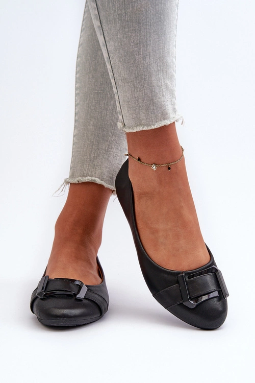 Baleriny Z Paskiem I Ozdobą Eko Skórzane Czarne Cadwenla