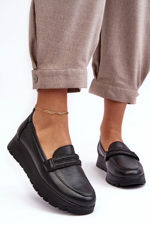 Skórzane Półbuty Na Platformie Z Ozdobą Czarne Lemar Lehira