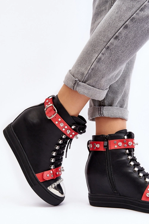 Ocieplane Botki Na Koturnie Z Dżetami Ekoskóra Lu Boo Czarne