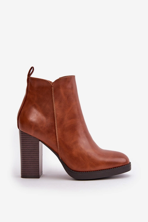 Ocieplane Botki Damskie Na Słupku Eko Skórzane Brązowe Teresine