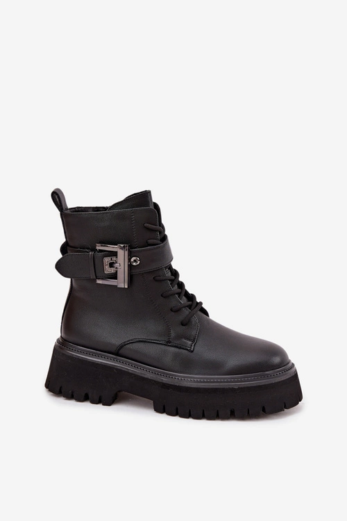 Skórzane Botki Workery Damskie Ocieplane Z Ozdobną Klamrą D&A MK52-032 Czarne