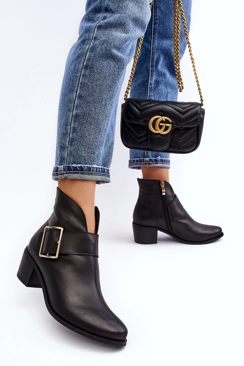 Skórzane Botki Damskie Na Niskim Słupku Z Klamrą Czarne Liliane