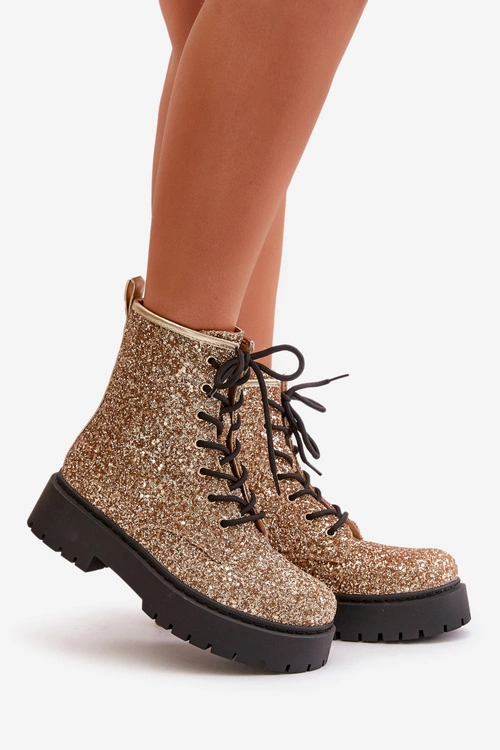 Ocieplane Botki Workery Damskie Ozdobione Cekinami Złote Liatheine