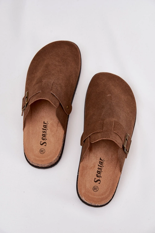 Klapki Chodaki Damskie i Na Platformie Z Klamrą Brązowe Selio