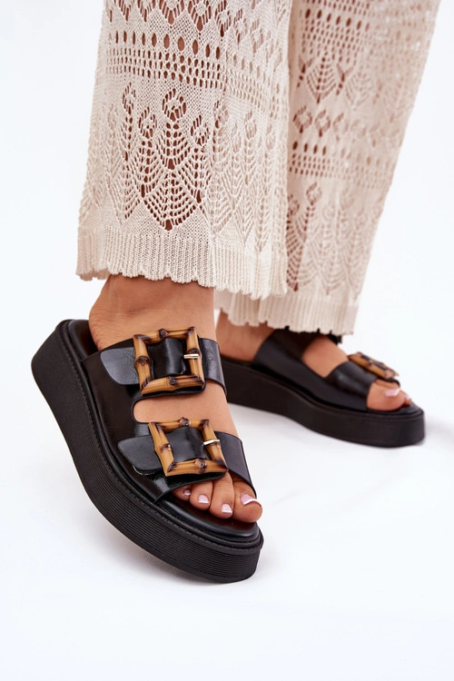 Eko Skórzane Klapki Damskie Na Platformie Z Klamrami Czarne Xanivia