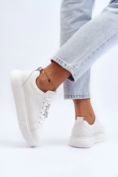 Damskie Sneakersy Skórzane Z Ozdobami Białe Dysuria