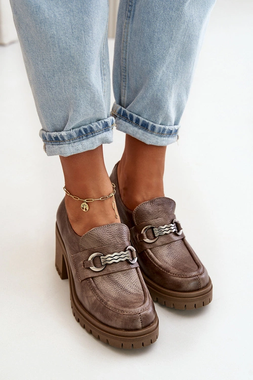 Zazoo 20175 Półbuty Damskie Na Słupku Skóra Naturalna Ciemnobeżowe