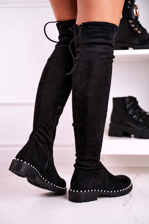 Kozaki Za Kolano Z Perełkami Zamszowe Czarne Isabel