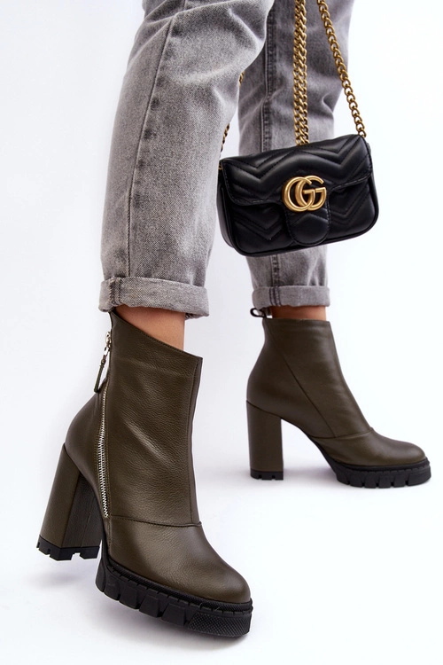 Modne Skórzane Botki Na Obcasie Laura Messi 2509 Ciemnozielone