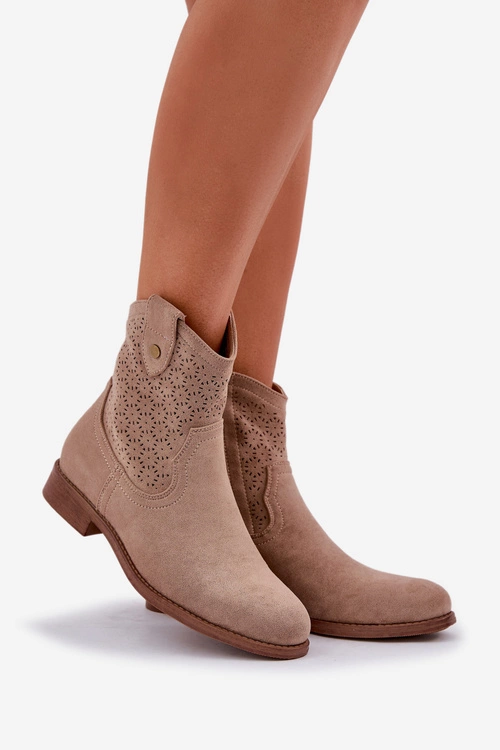 Ażurowe Botki Na Płaskim Obcasie S.Barski HY51-063 Beżowe