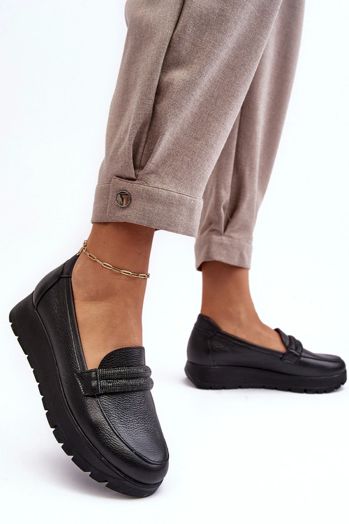 Skórzane Półbuty Na Platformie Z Ozdobą Czarne Lemar Lehira