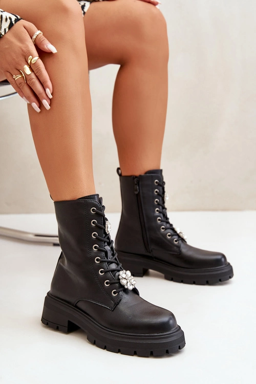 Botki Workery Damskie Eko Skórzane Z Przypinkami Czarne Kristines