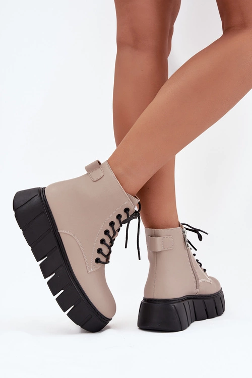 Skórzane Ocieplane Botki Damskie Na Platformie Vinceza 66803 Beżowe