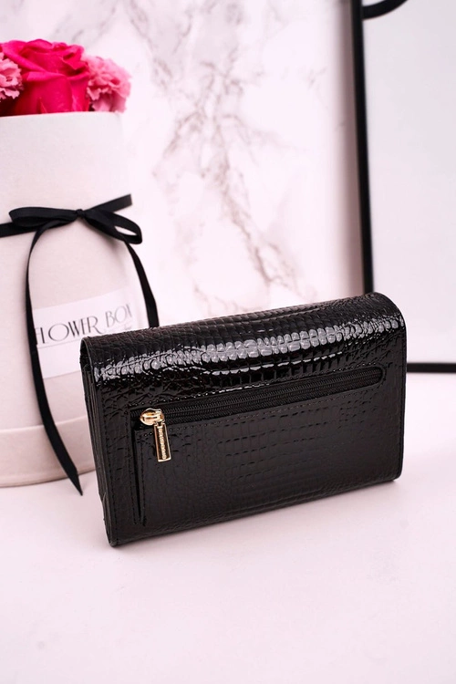 Duży Skórzany Portfel Damski GREGORIO Lakierowany Czarny