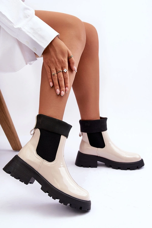 Botki Sztyblety Lakierowane Damskie Beżowe Pavo