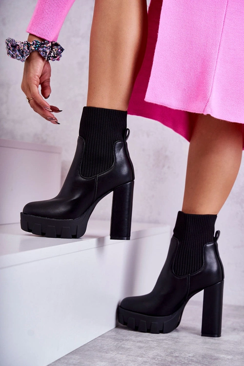 Damskie Skórzane Botki Ze Skarpetą Czarne Adalyn