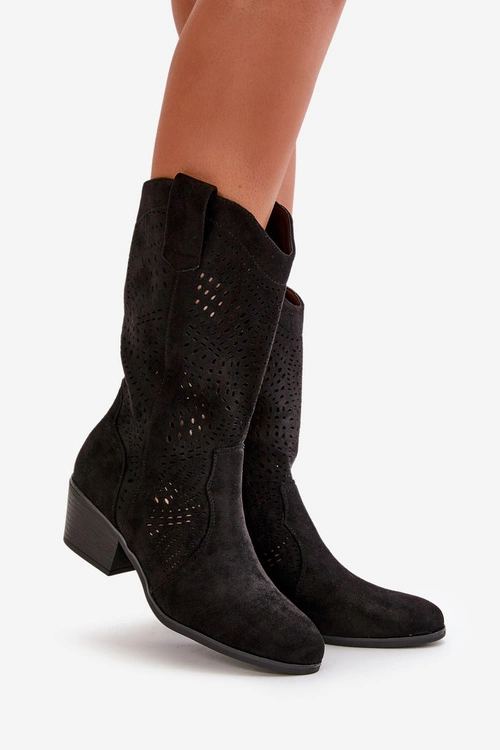 Ażurowe Damskie Botki Kowbojki Na Obcasie Czarne Iceda