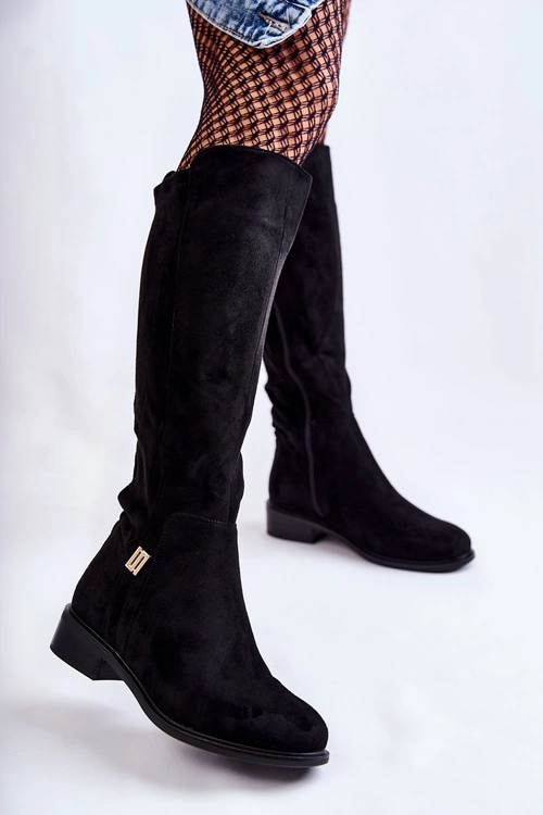 Zamszowe Kozaki Na Płaskim Obcasie Czarne Giulia