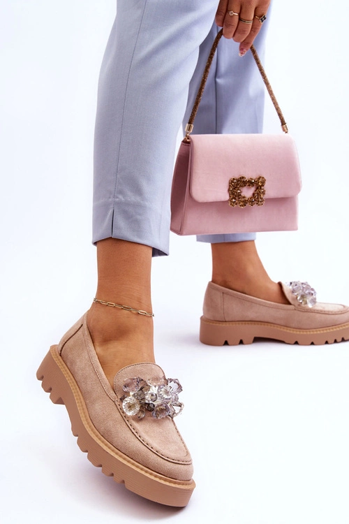 Modne Zamszowe Mokasyny Z Kryształkami Beżowe Demeris