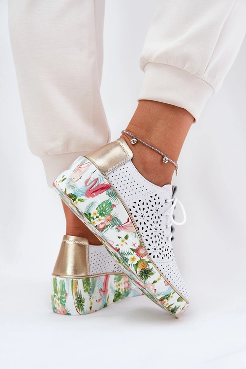 Skórzane Półbuty Damskie Na Koturnie Artiker 56C1800 Biało-Złote