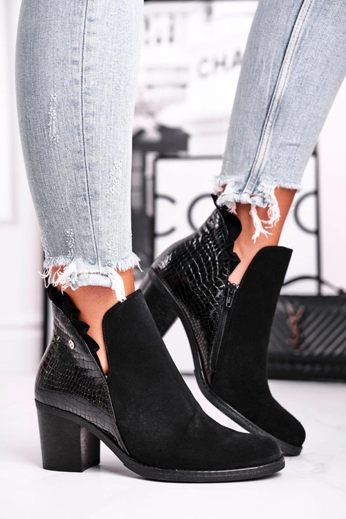 Damskie Skórzane Botki Na Słupku Maciejka Czarne 04833-01