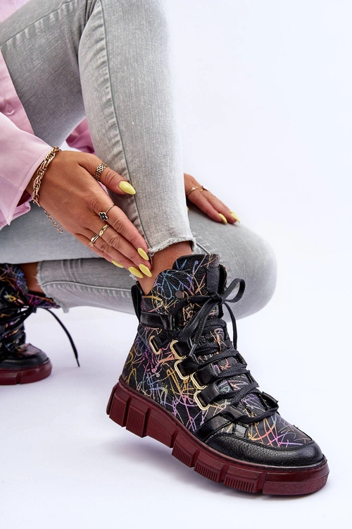 Skórzane Płaskie Sznurowane Botki Maciejka 06158-01 Czarne