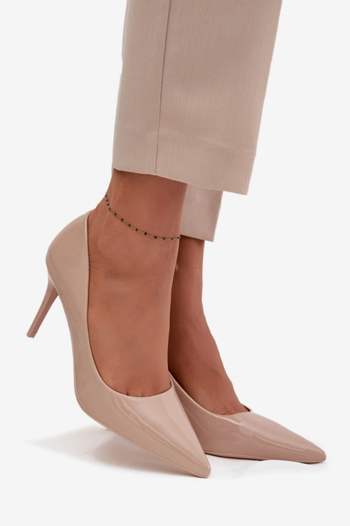 Lakierowane Eko Skórzane Szpilki Damskie Ze Szpiczastymi Noskami Beżowe Jadira