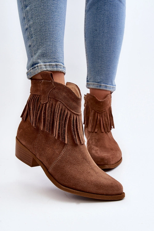 Zazoo 3430 Zamszowe Botki Damskie Z Frędzlami Camel